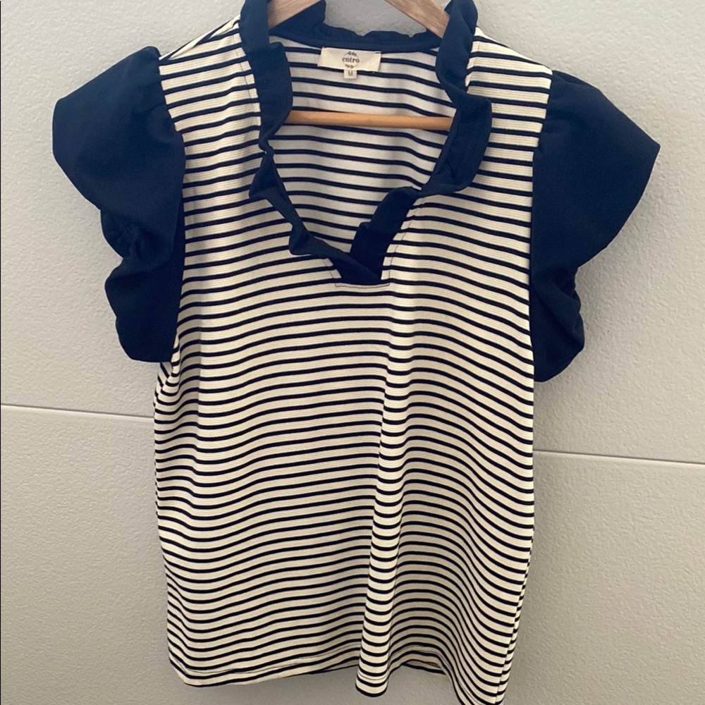 Navy & White Flutter Sleeve Blouse with Peter Pan Collar